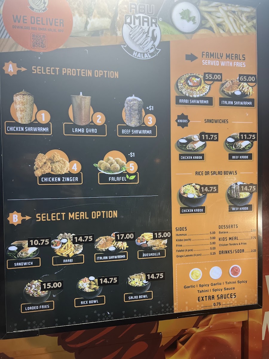 Abu Omar Halal - Richmond, TX menu board