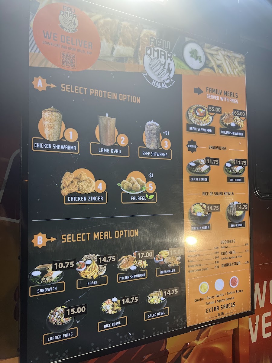 Abu Omar Halal - Richmond, TX menu board