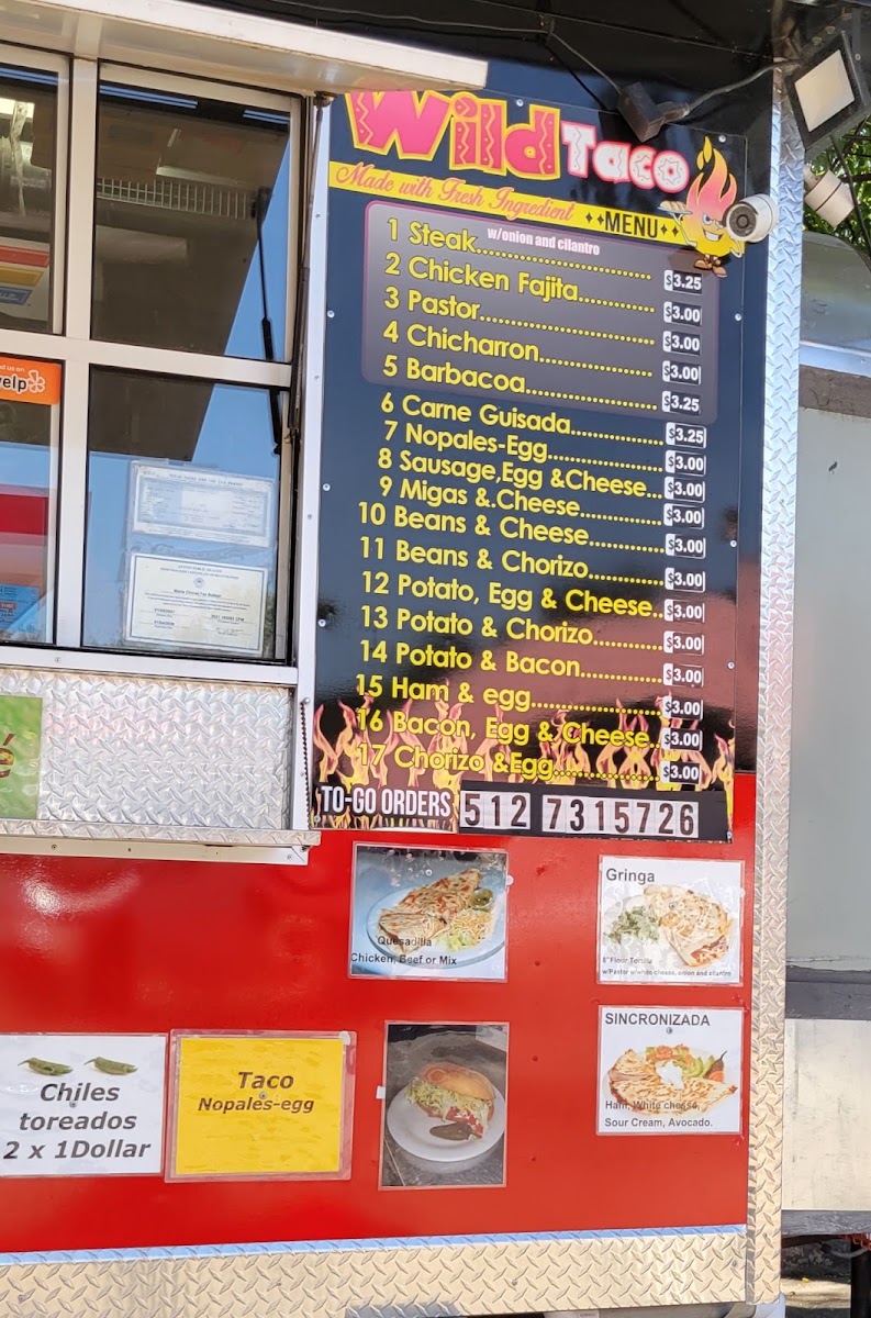 Wild Taco menu board