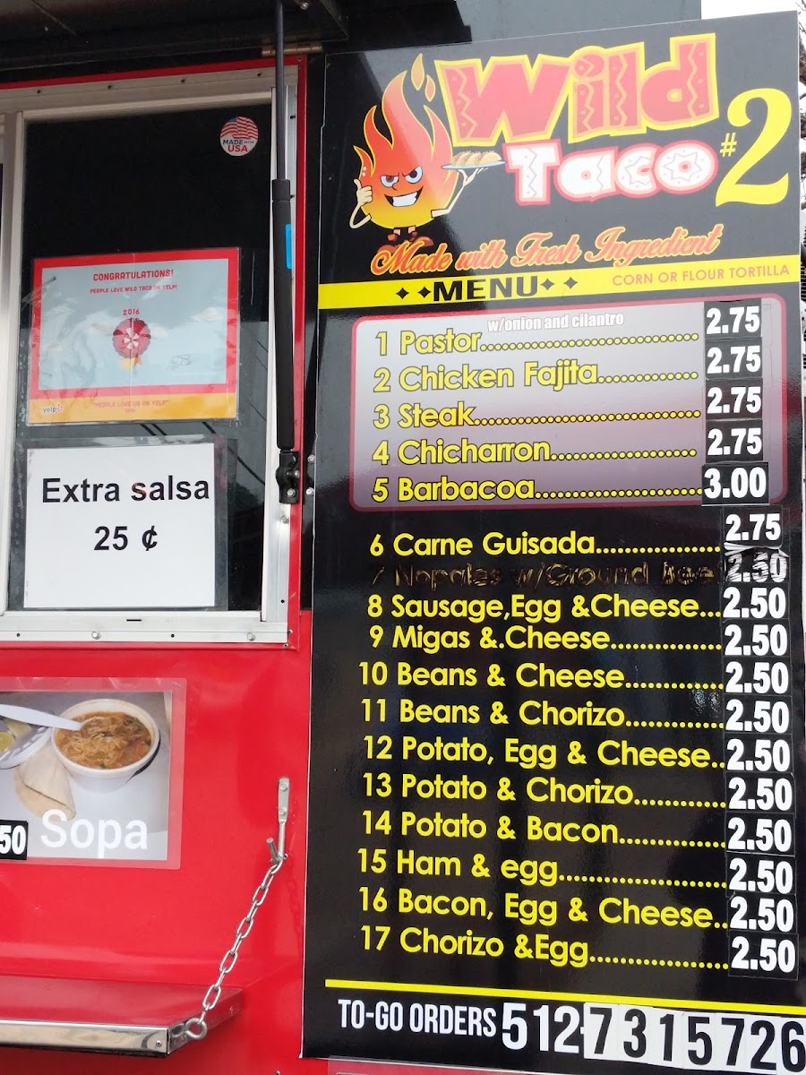 Wild Taco menu board