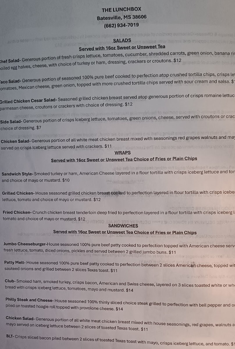 The Lunchbox Batesville, Ms menu board