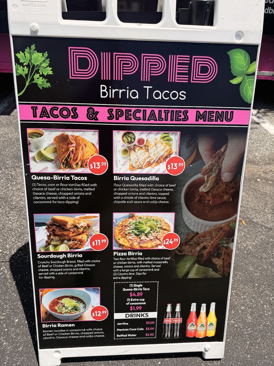 Dipped Birria Tacos menu board
