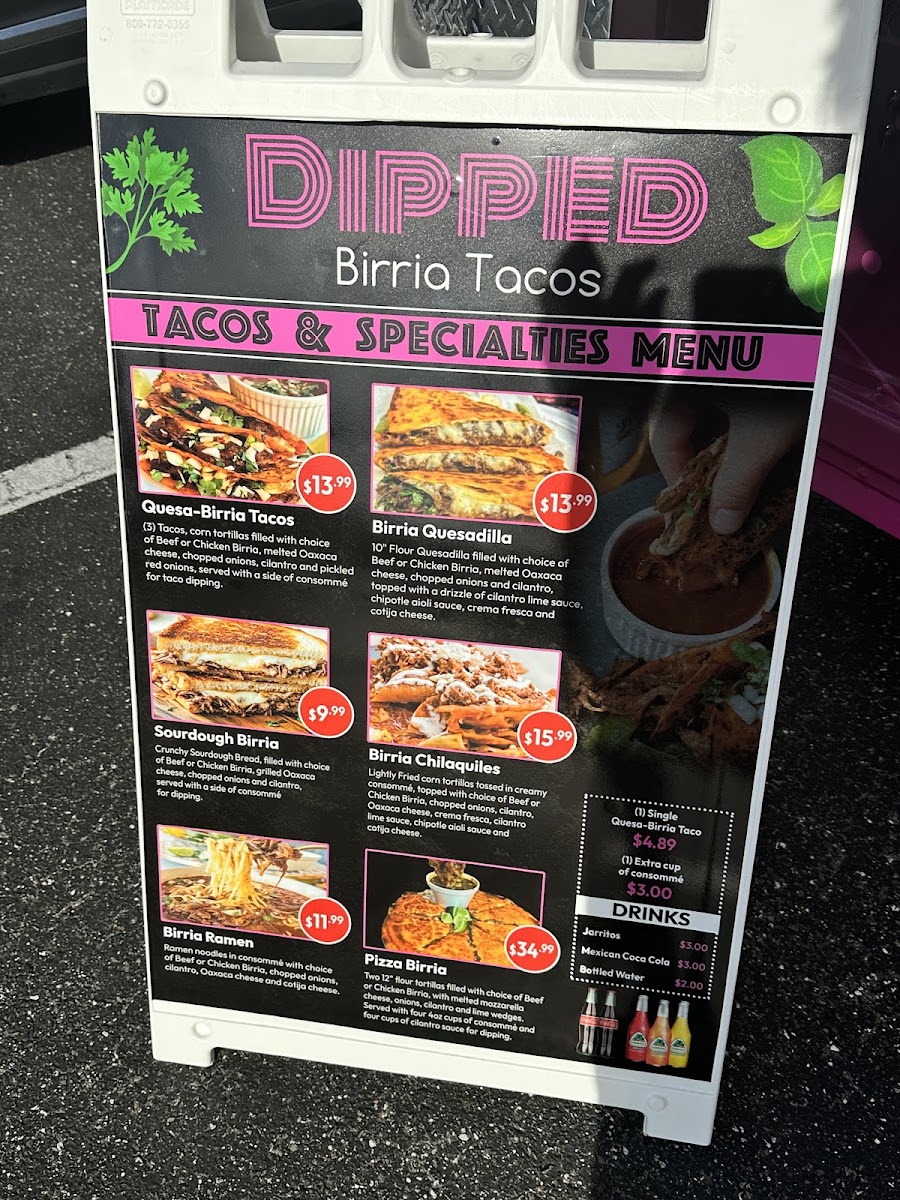 Dipped Birria Tacos menu board