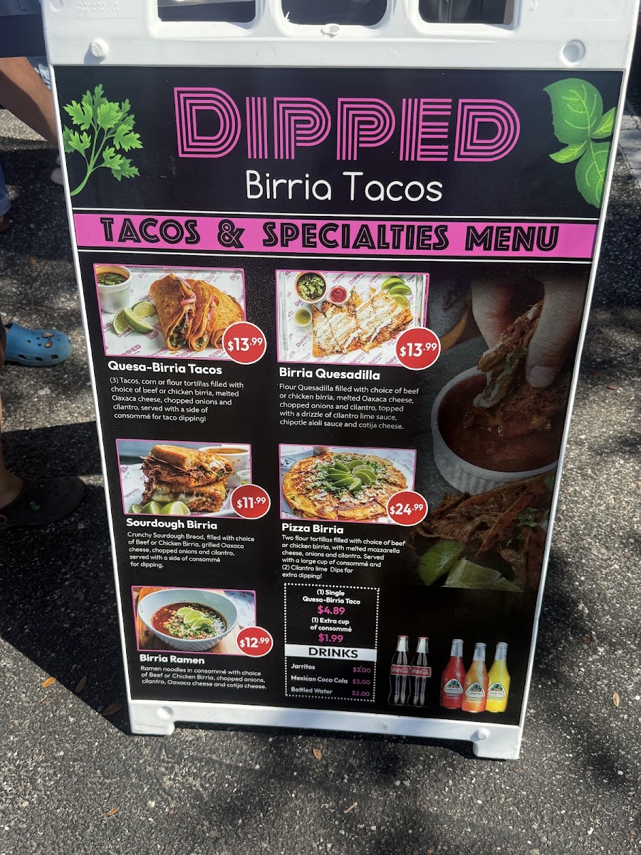 Dipped Birria Tacos menu board
