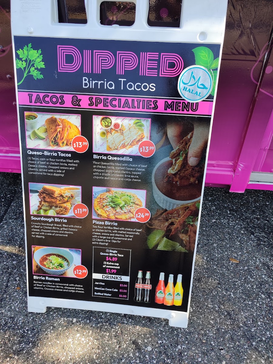 Dipped Birria Tacos menu board