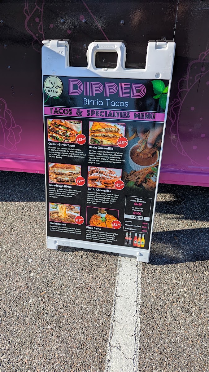 Dipped Birria Tacos menu board