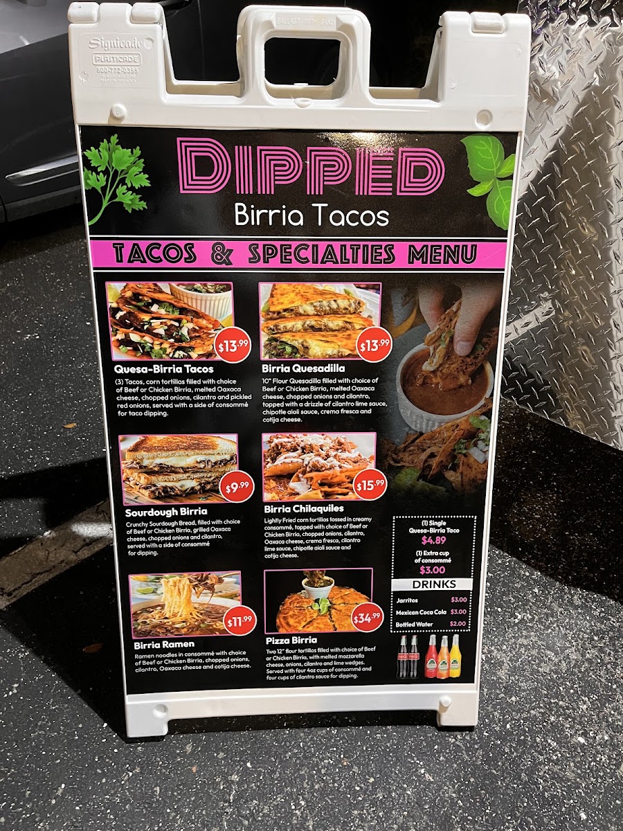 Dipped Birria Tacos menu board
