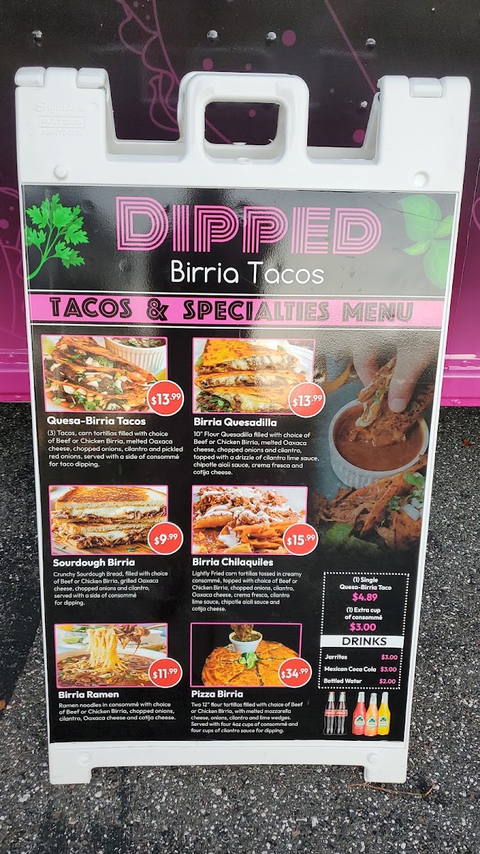 Dipped Birria Tacos menu board