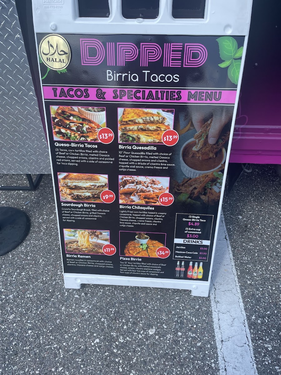 Dipped Birria Tacos menu board