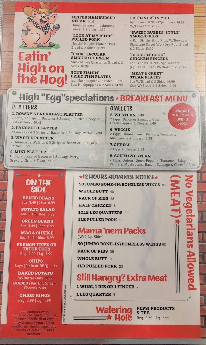 Rowdy Hogs Smoke House and Grill menu board