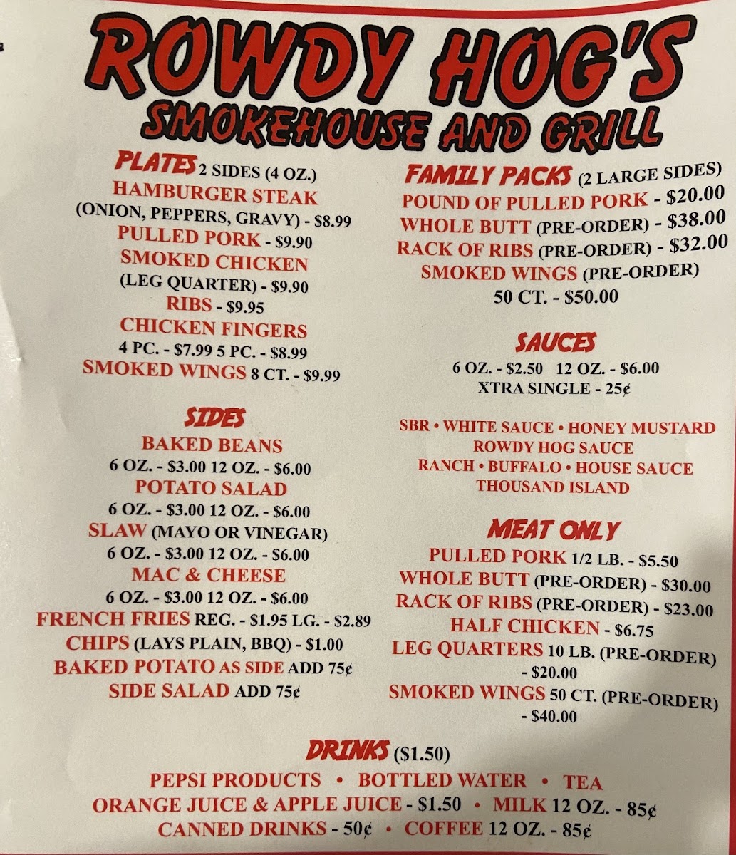 Rowdy Hogs Smoke House and Grill menu board