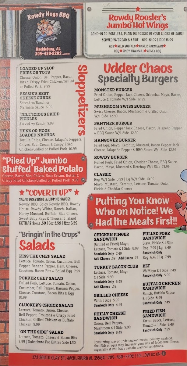 Rowdy Hogs Smoke House and Grill menu board