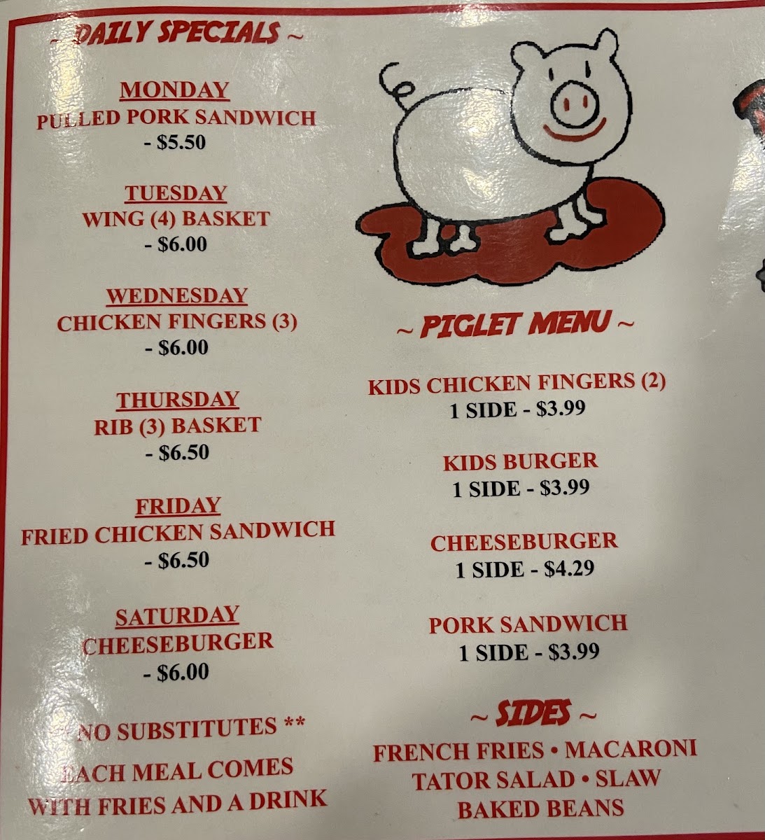 Rowdy Hogs Smoke House and Grill menu board