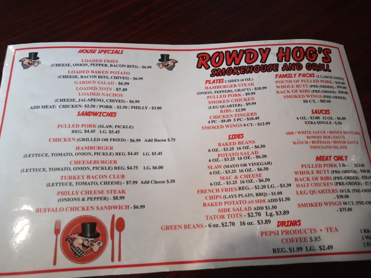 Rowdy Hogs Smoke House and Grill menu board