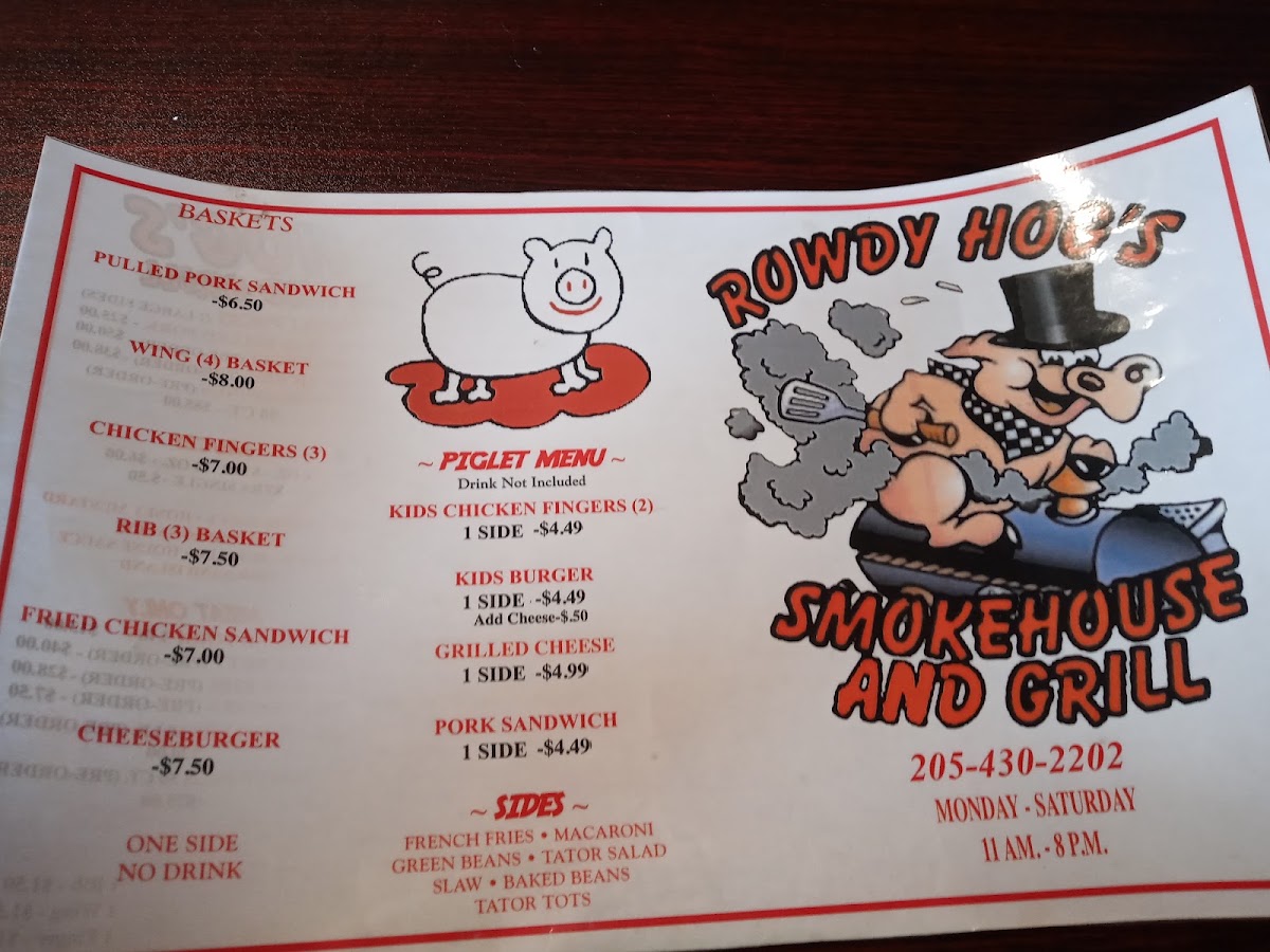 Rowdy Hogs Smoke House and Grill menu board