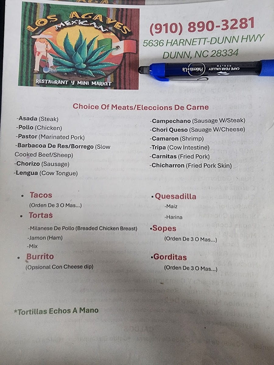 Los Agaves Mexican Restaurant y Mini Market menu board