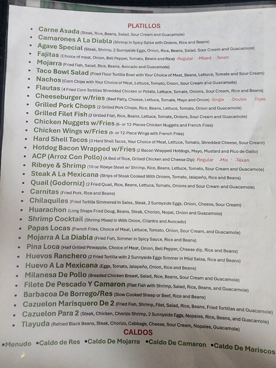 Los Agaves Mexican Restaurant y Mini Market menu board