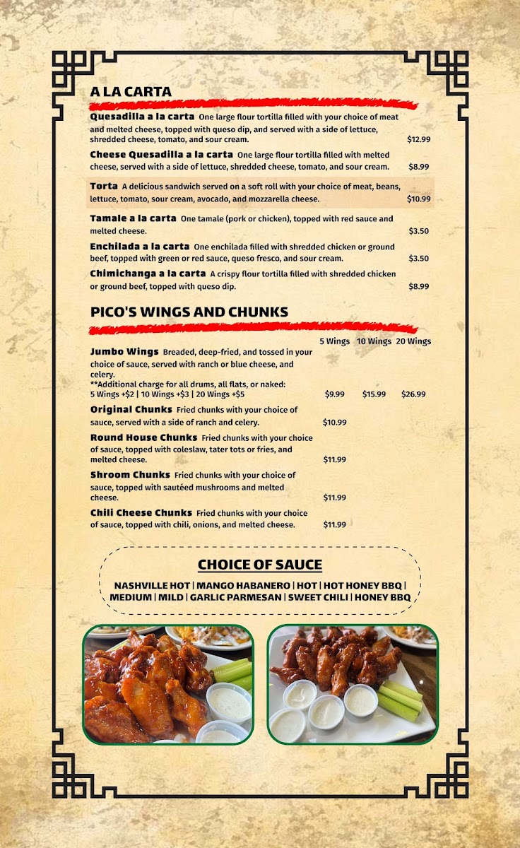 Pico's Mexican Bar and Grill menu board