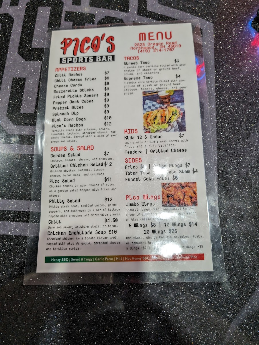 Pico's Mexican Bar and Grill menu board
