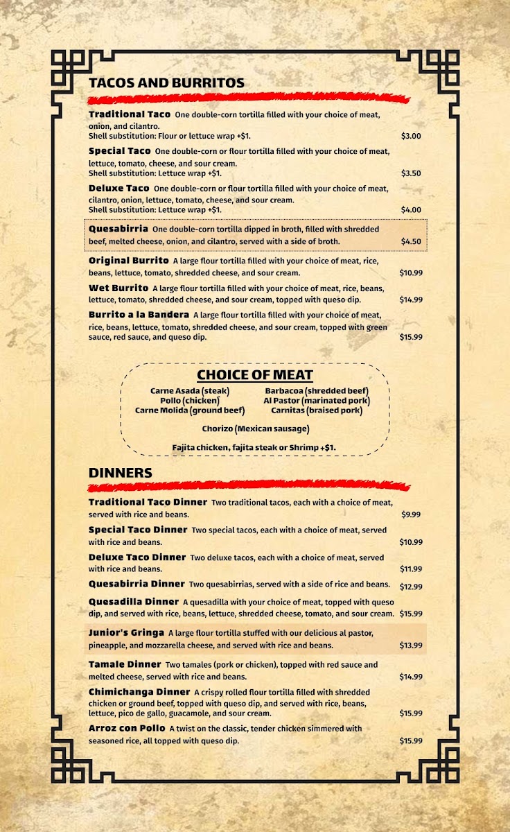 Pico's Mexican Bar and Grill menu board