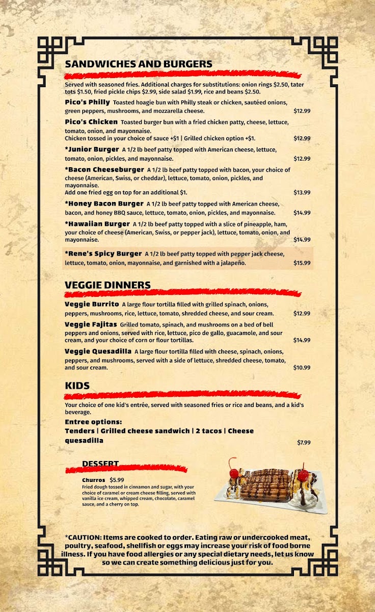 Pico's Mexican Bar and Grill menu board