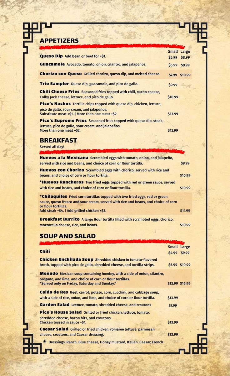 Pico's Mexican Bar and Grill menu board