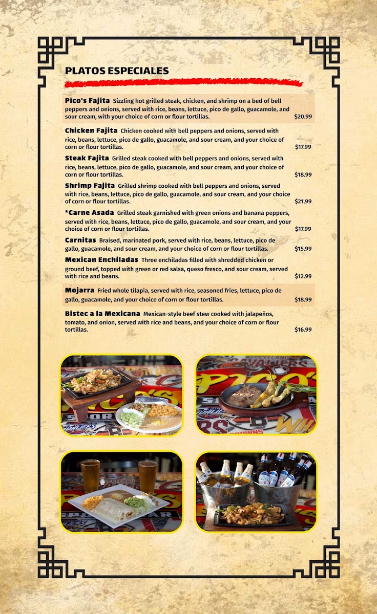 Pico's Mexican Bar and Grill menu board