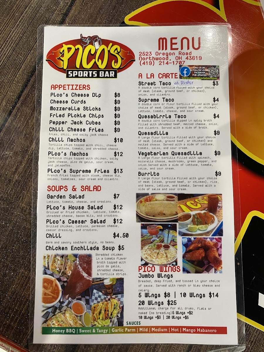 Pico's Mexican Bar and Grill menu board