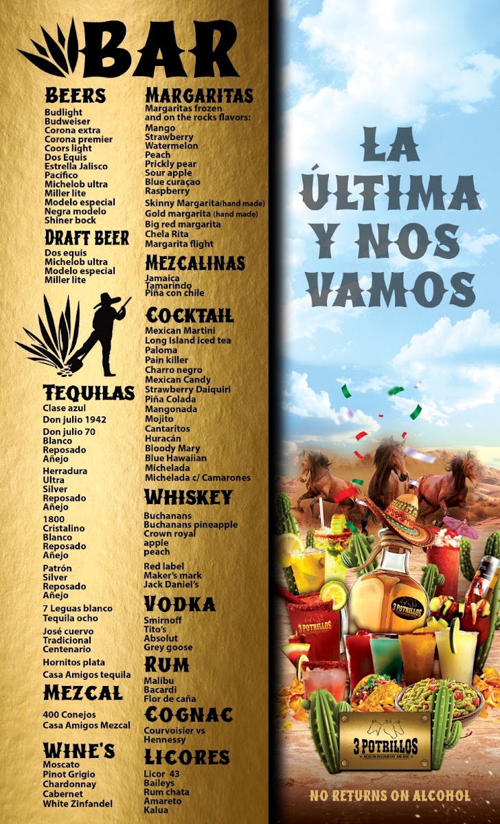 3 potrillos Mexican restaurant and bar menu board