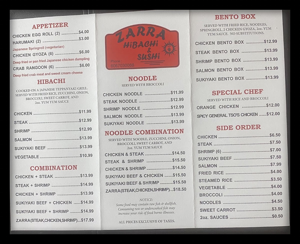 zarra hibachi&sushi menu board