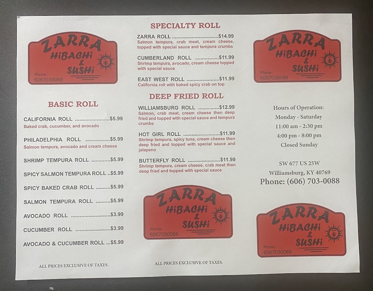 zarra hibachi&sushi menu board