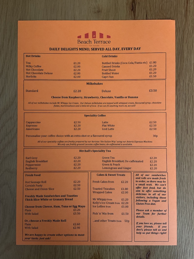 Beach Terrace Tea Room menu board