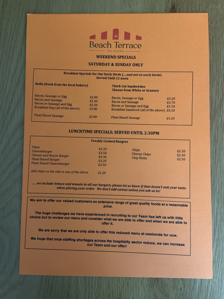 Beach Terrace Tea Room menu board
