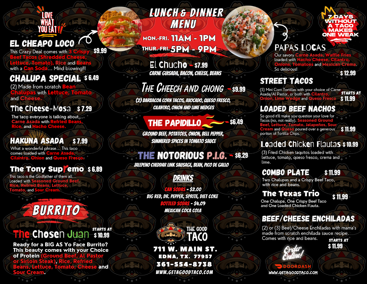 The Good Taco menu board