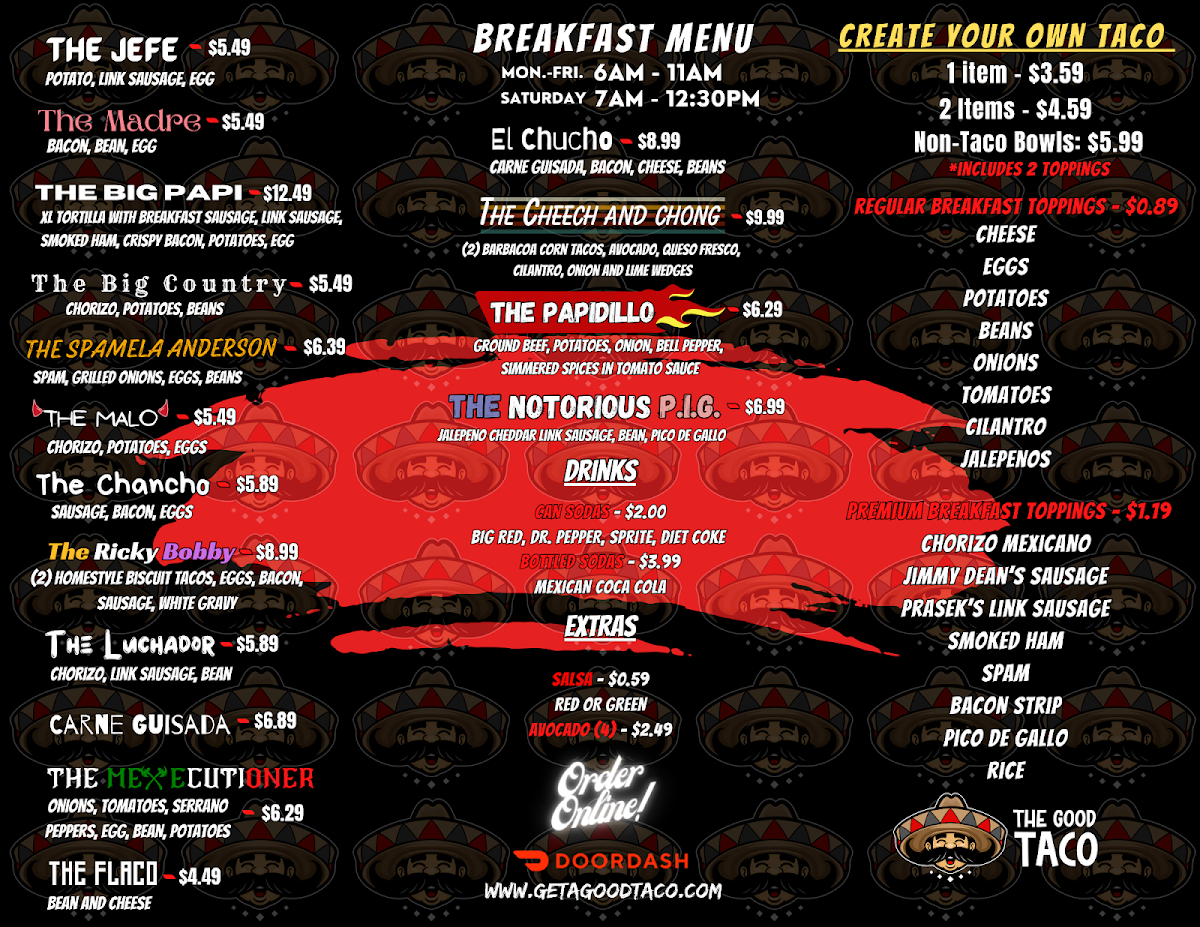 The Good Taco menu board