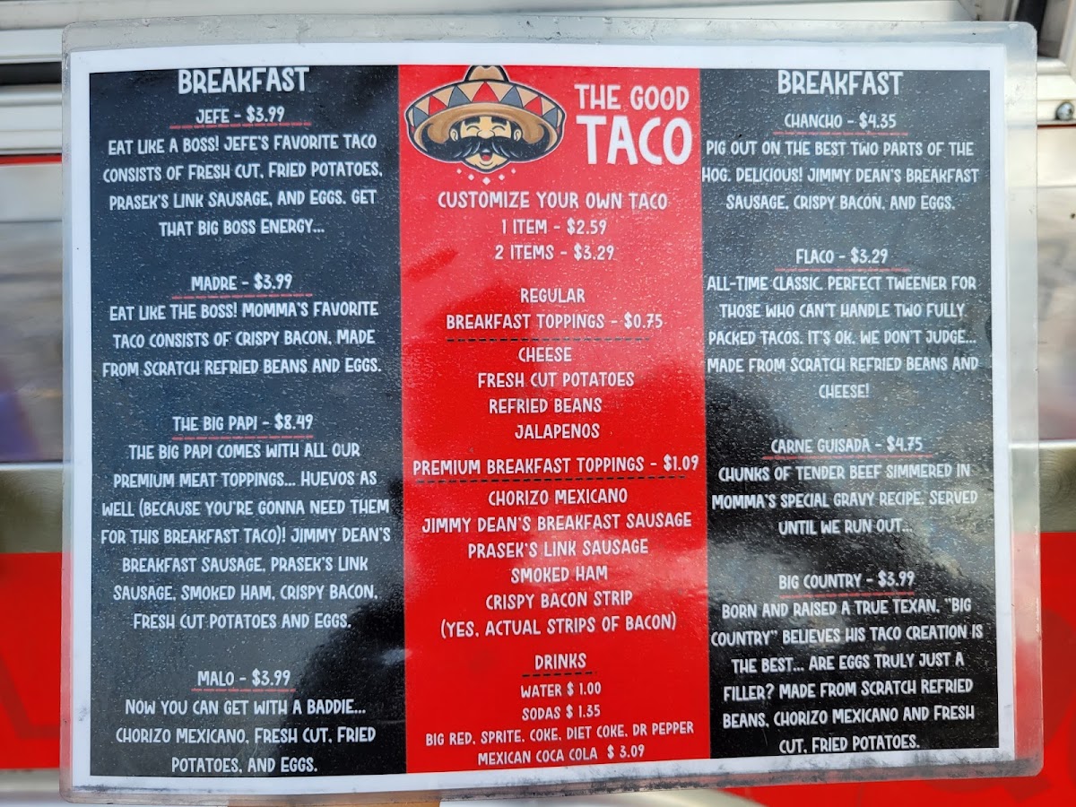 The Good Taco menu board