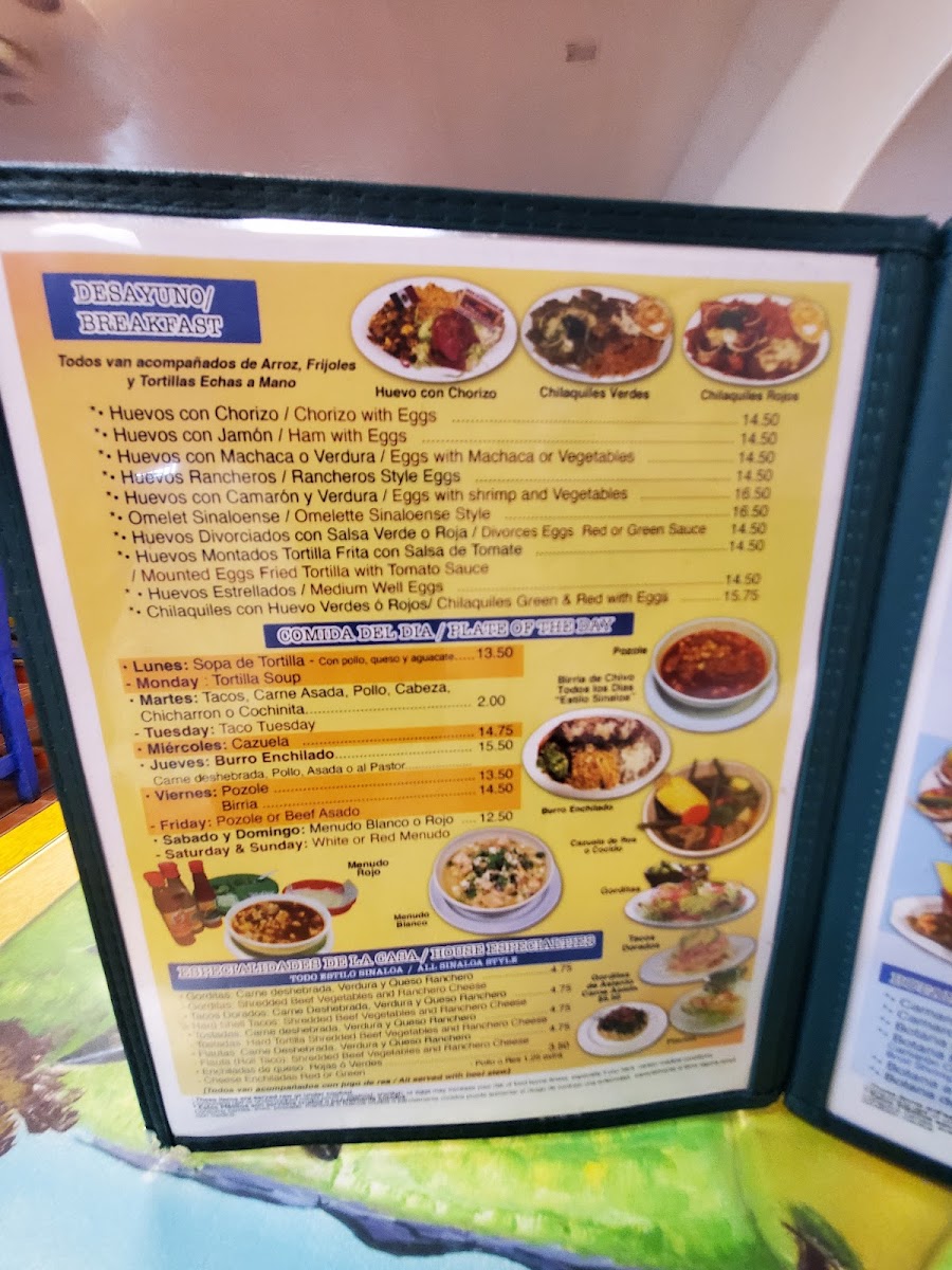Tacos y Mariscos Sinaloa menu board