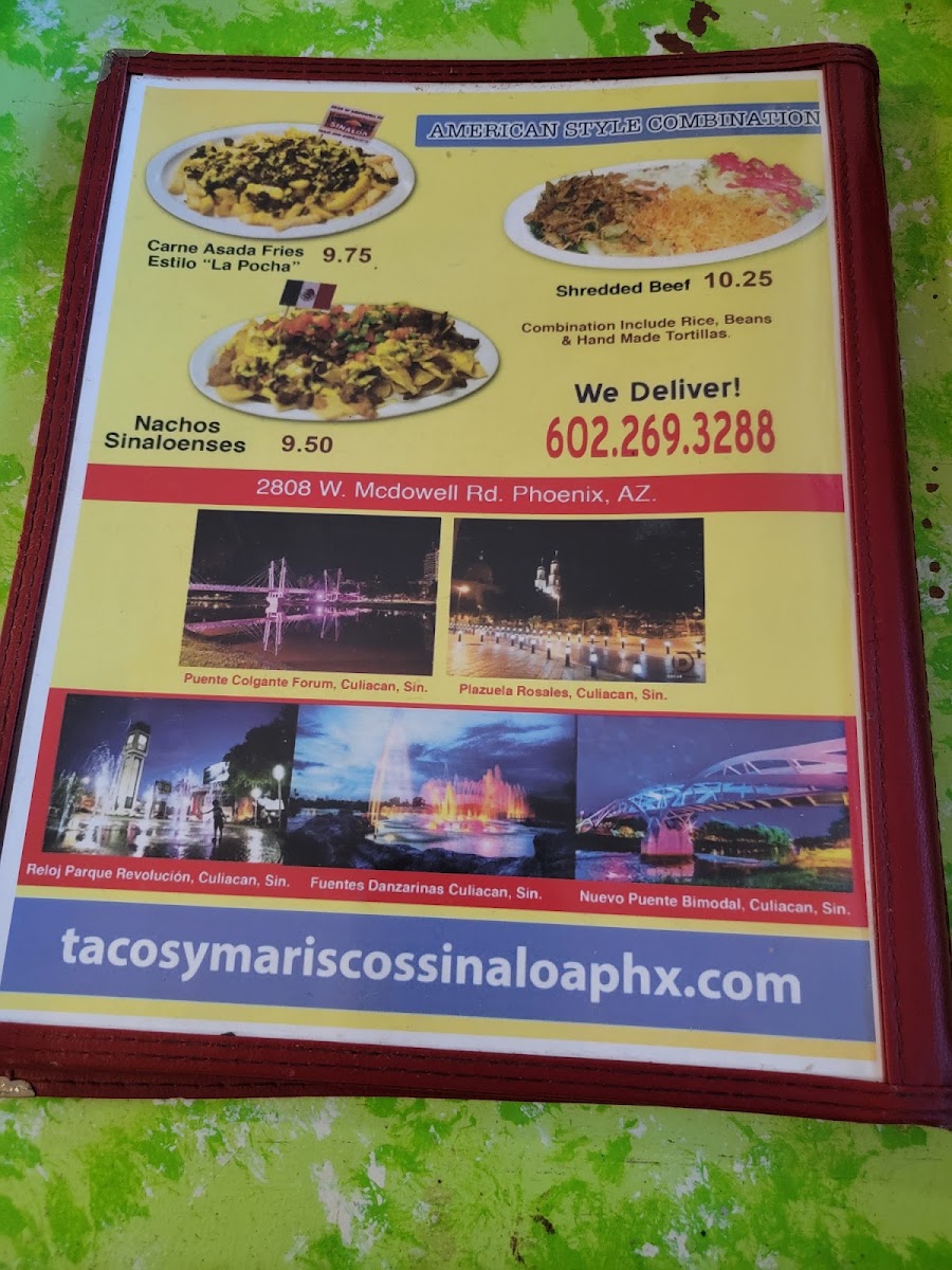 Tacos y Mariscos Sinaloa menu board