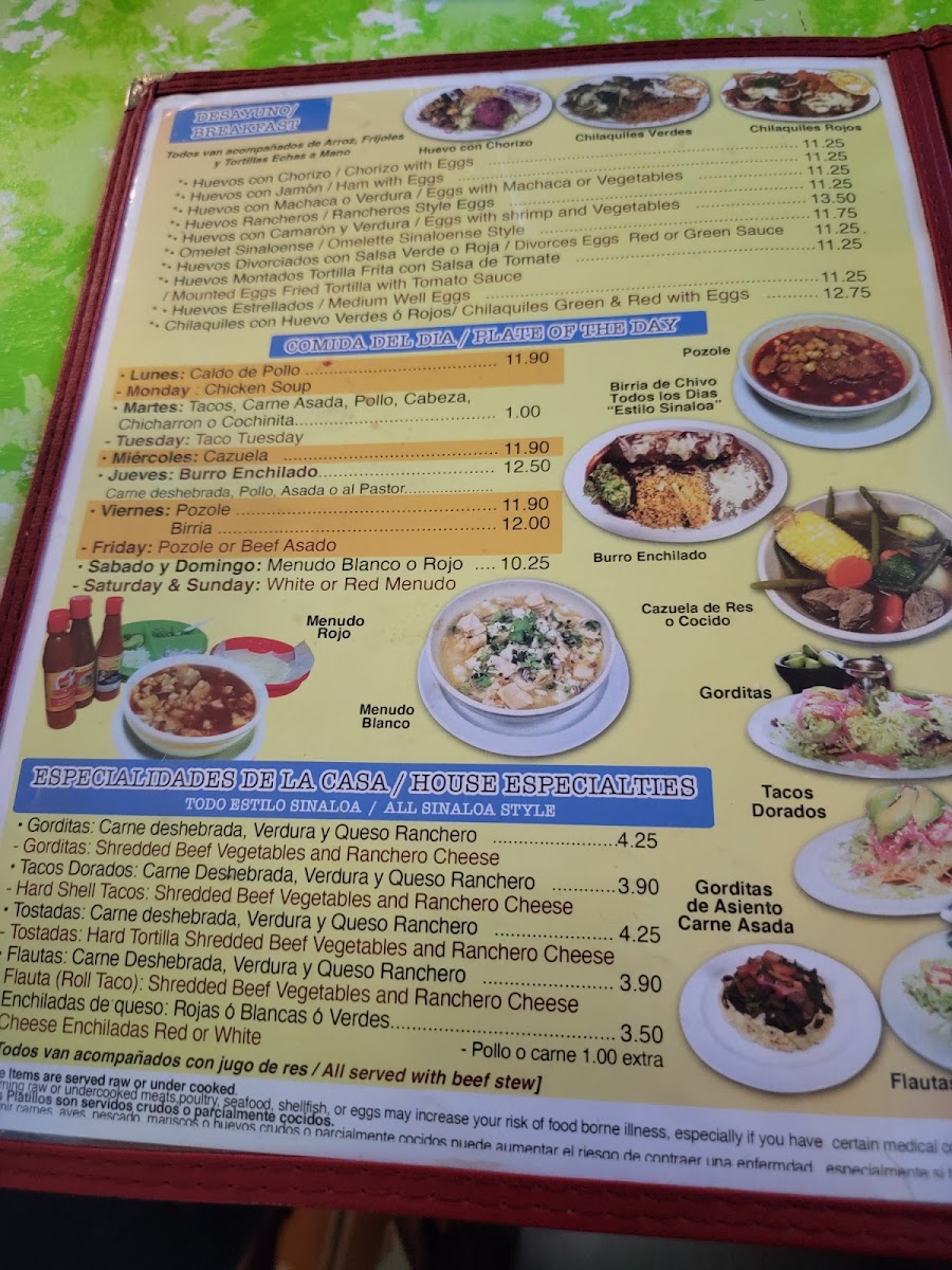Tacos y Mariscos Sinaloa menu board