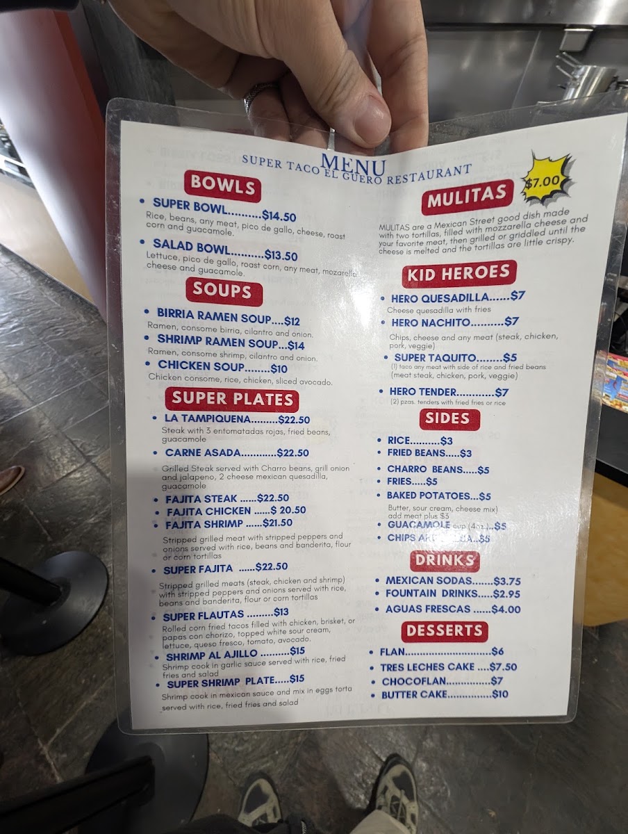 Super Taco 'El Guero' Restaurant menu board