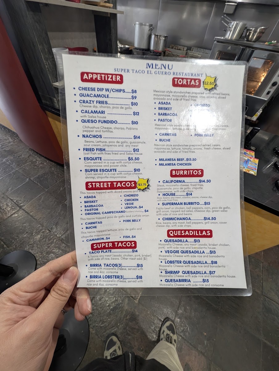 Super Taco 'El Guero' Restaurant menu board