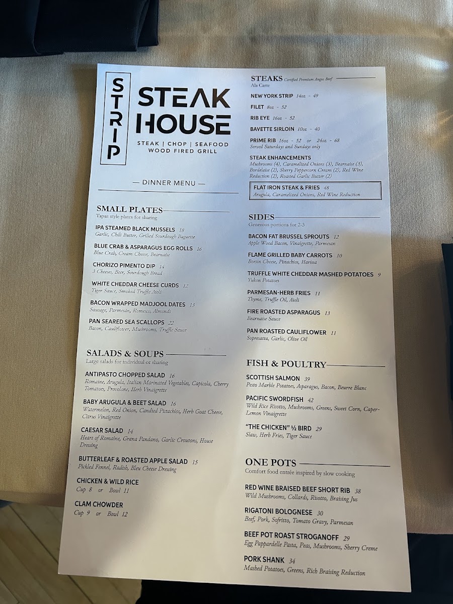 Strip Steak House menu board