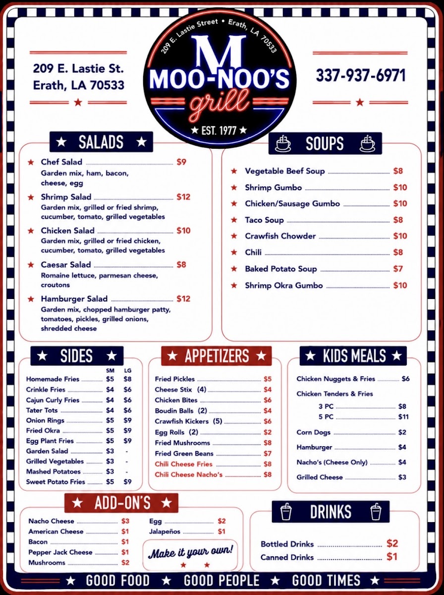 Moo-Noo's Grill menu board