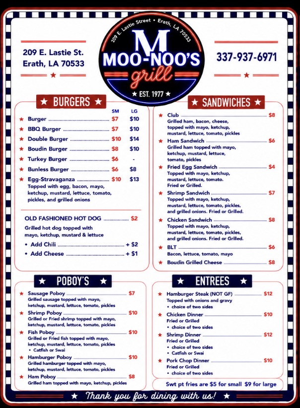 Moo-Noo's Grill menu board