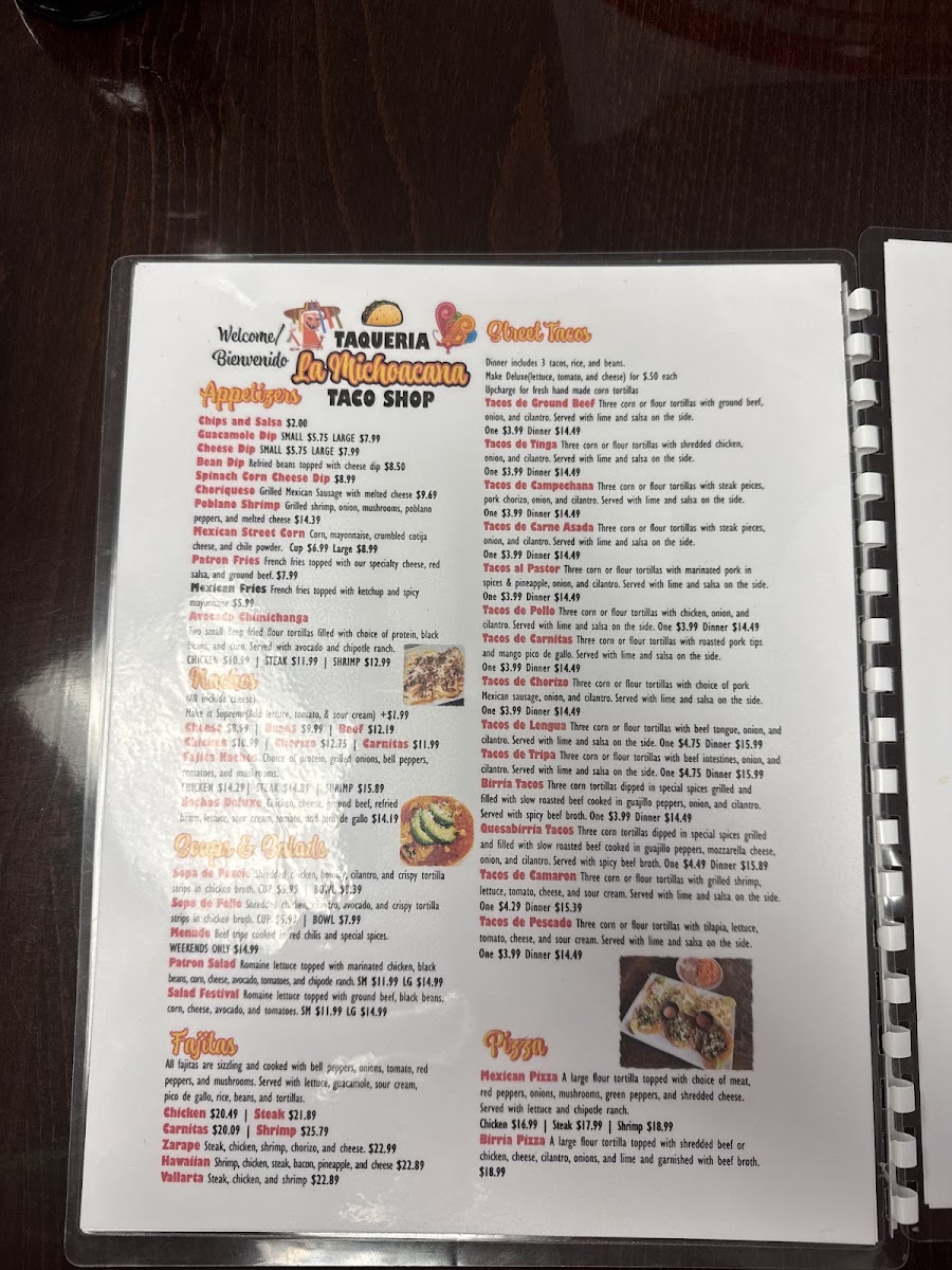 Taqueria La Michoacana menu board
