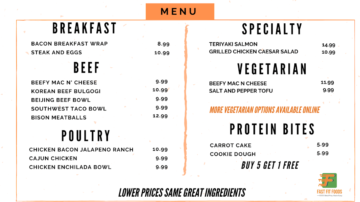 Fast Fit Foods Fillmore menu board
