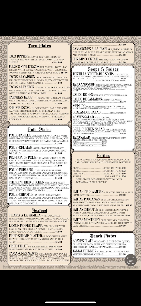 Rancho Agaves Mexican Grill menu board