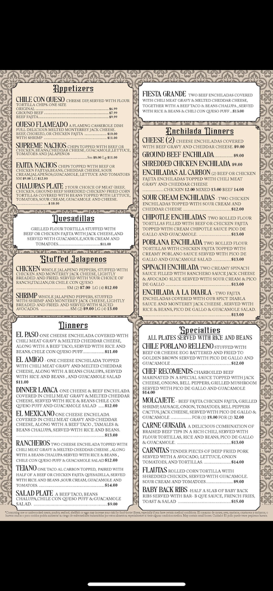 Rancho Agaves Mexican Grill menu board