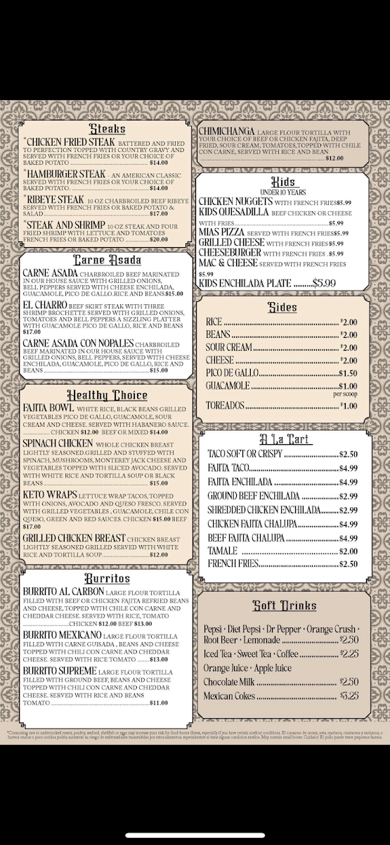 Rancho Agaves Mexican Grill menu board