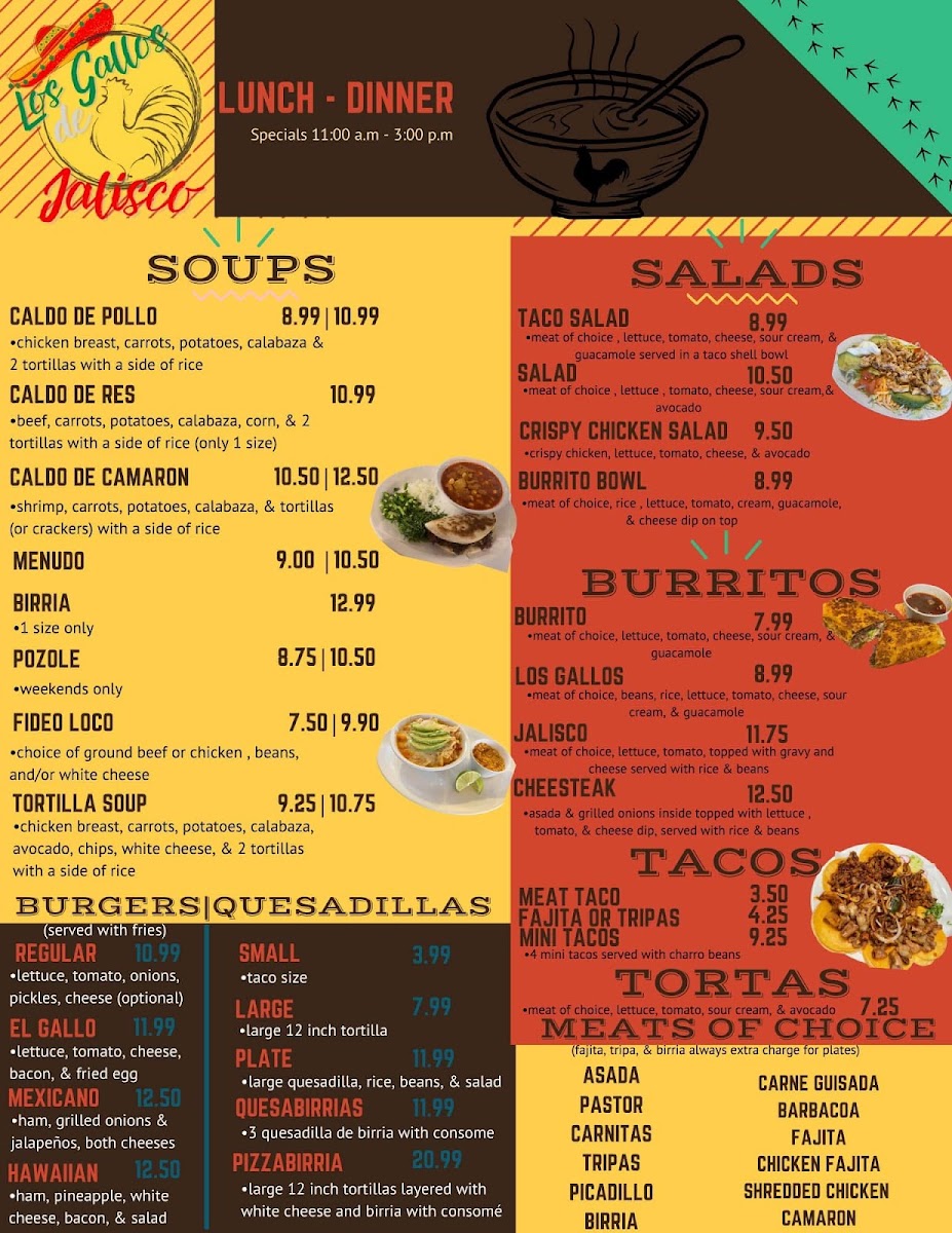 Los Gallos de Jalisco menu board